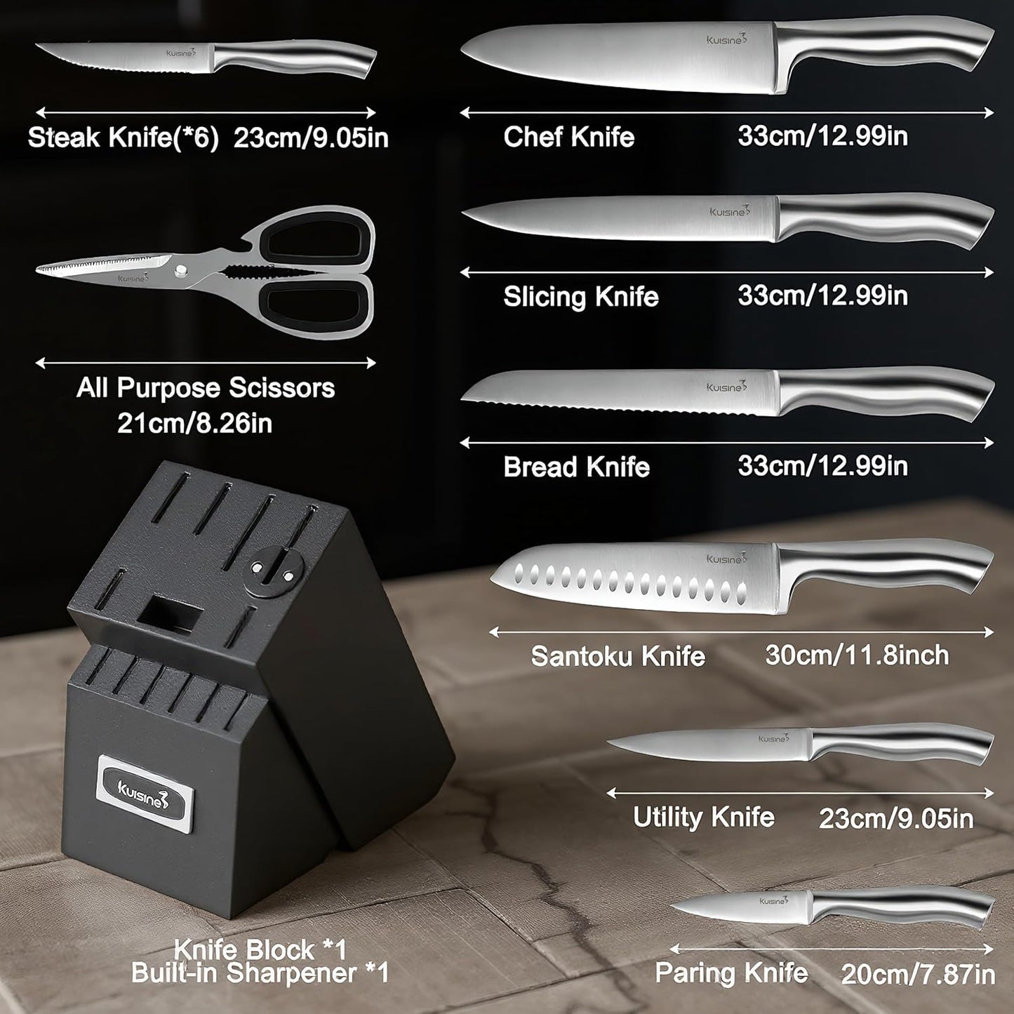 KUISINE Premium Chef Knife Set,High Carbon Stainless Steel Razor-sharp Blade Ergonomic Non-slip Steel Handle,Block Knife Set with Built-in Sharpener(Black Silver,15PCS)