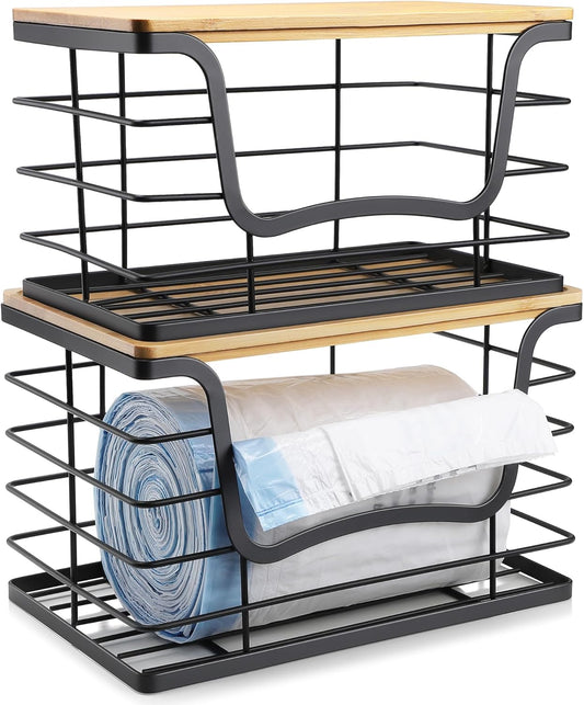 Trash Bag Dispenser Holder for Kitchen 2 Pack Laundry Room Trash Bag Holder Wall Mount Garbage Bag Dispenser Stackable Roll Holder with Bamboo Top for Countertop, Under Sink