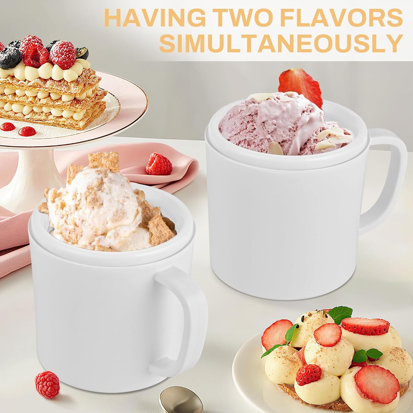 Pukomc Ice Cream Maker Machine for Home Use, with Two Ice Cream Bowls,Simple Operation and Easy to Clean,White