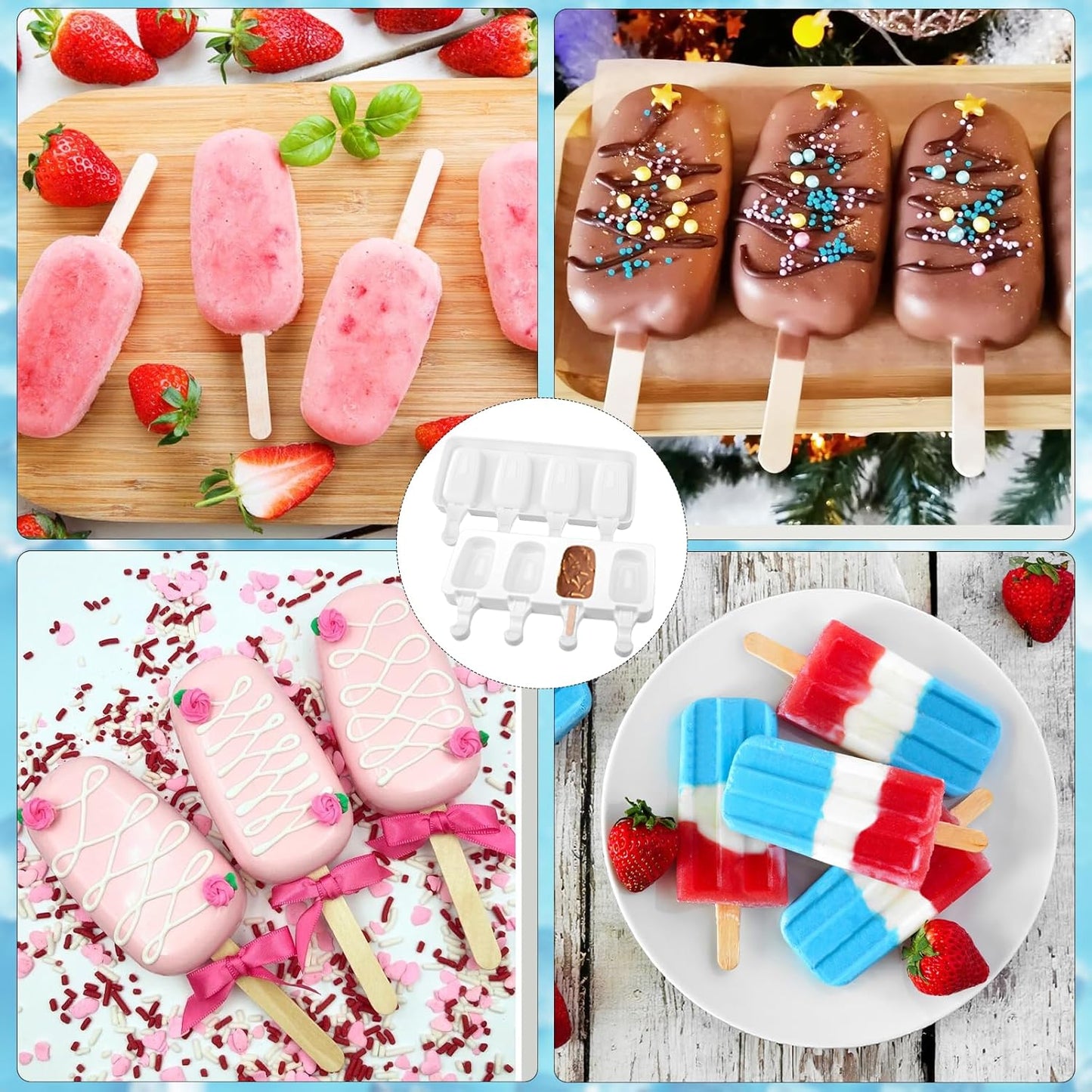 4 Set Silicone Popsicle Molds 4 Cavities Ice Cream Oval Cake Molds with 200 Sticks, Reusable Ice Pop & Cakesicle Mould forKids, DIY Frozen Treats, Summer Snacks, Parties Favors, Easy Release
