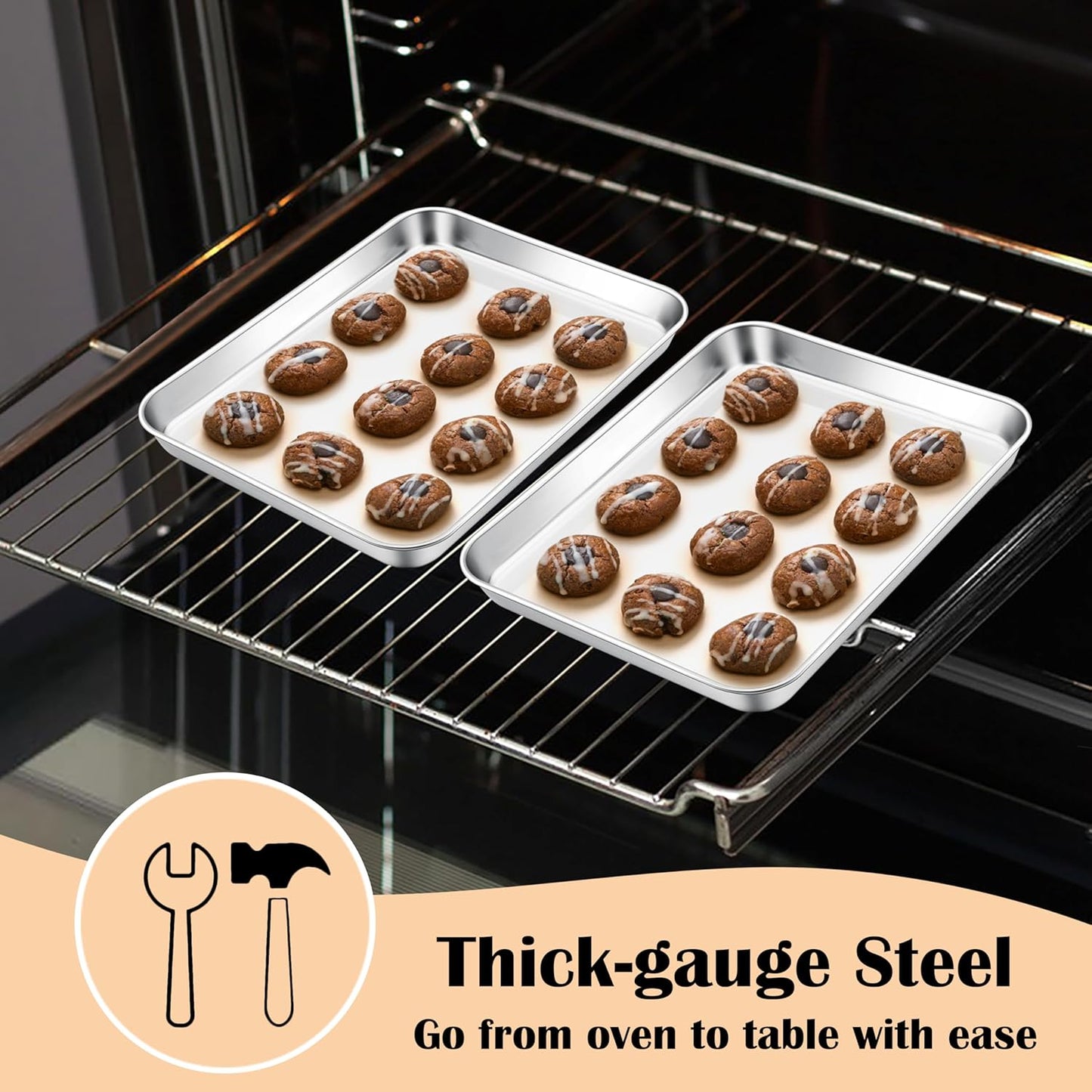 E-far 4 Pack Toaster Oven Trays, 9.4”x7.3” Stainless Steel Small Baking Cookie Sheets, Mini Non-toxic Metal Baking Pans for Cake, Healthy & Rust Free, Mirror Finish & Dishwasher Safe