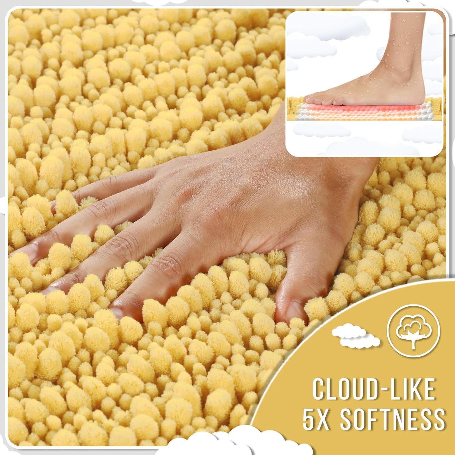 Yimobra Bathroom Rugs Non Slip Washable 24x17 Inch - Ultra Soft Absorbent Chenille Bath Mat, Quick Dry Shaggy Floor Carpet for Tub Shower, Yellow Home Decor Accessories