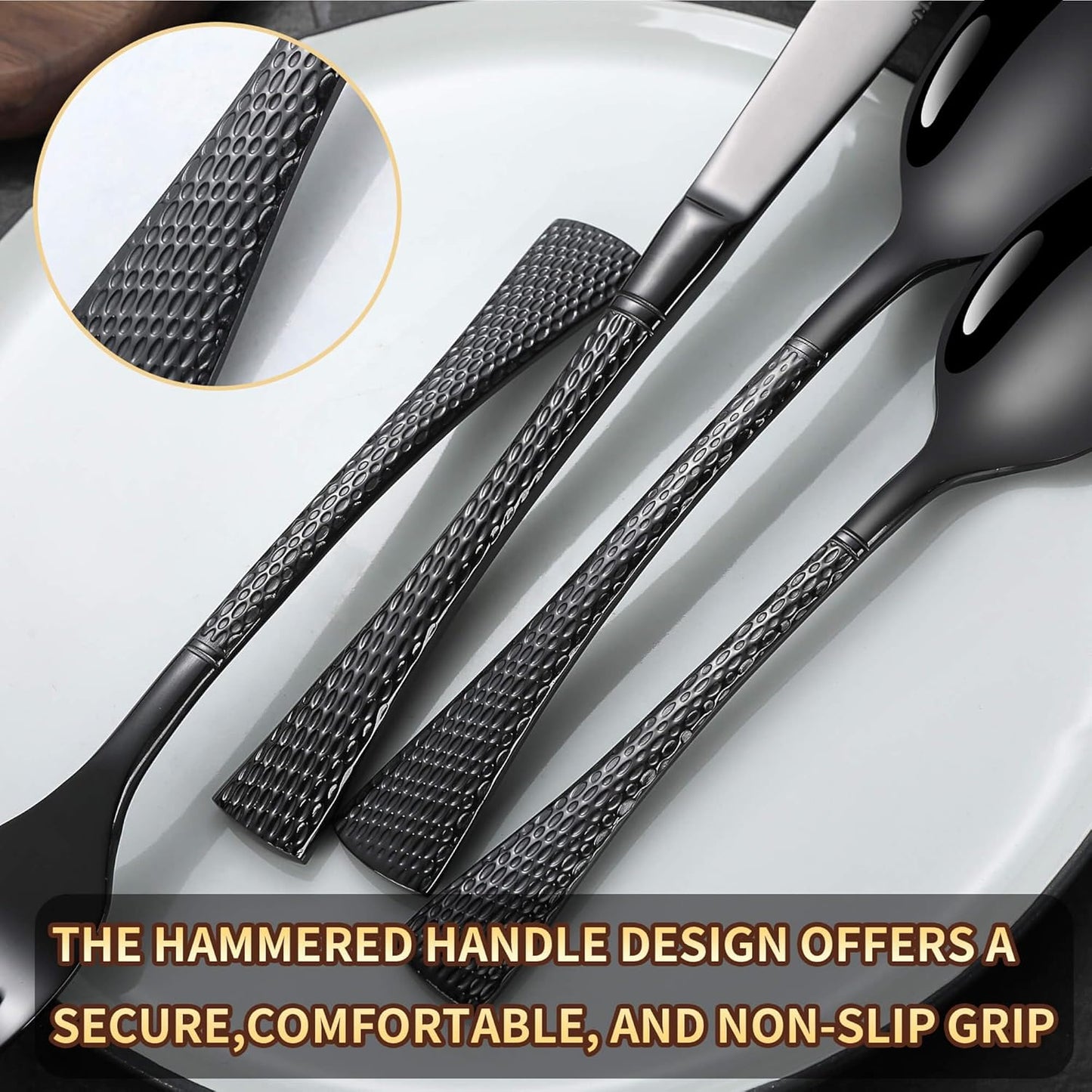 Hammered Black Silverware Set for 8,Stainless Steel 40-Piece Modern Cutlery Set,Mirror Polished Heavy Duty Flatware Set Utensil Set,Knives Spoons and Forks Set,Dishwasher Safe