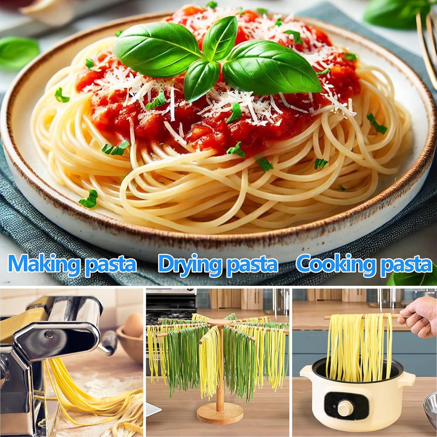 Beech Wood Pasta Drying Rack, 10-Arm Large Capacity, Detachable Fresh Spaghetti Noodle Tree Hanger, Larger Drying Area for Faster Drying Pasta, Prevents from Sticking