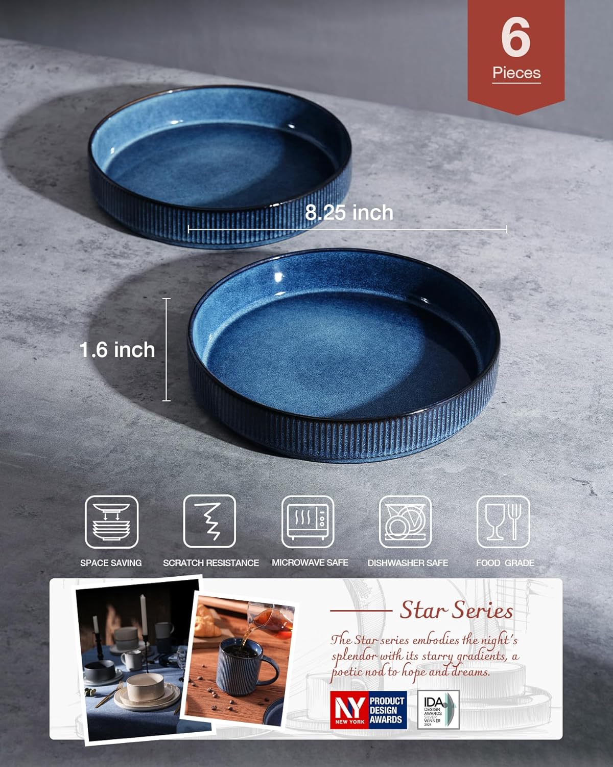 famiware Star 8.25" Pasta Bowls, Large Dinner Bowls Set of 6, Salad Bowl Plates, Shallow Bowls for Eating, Nebulas Blue