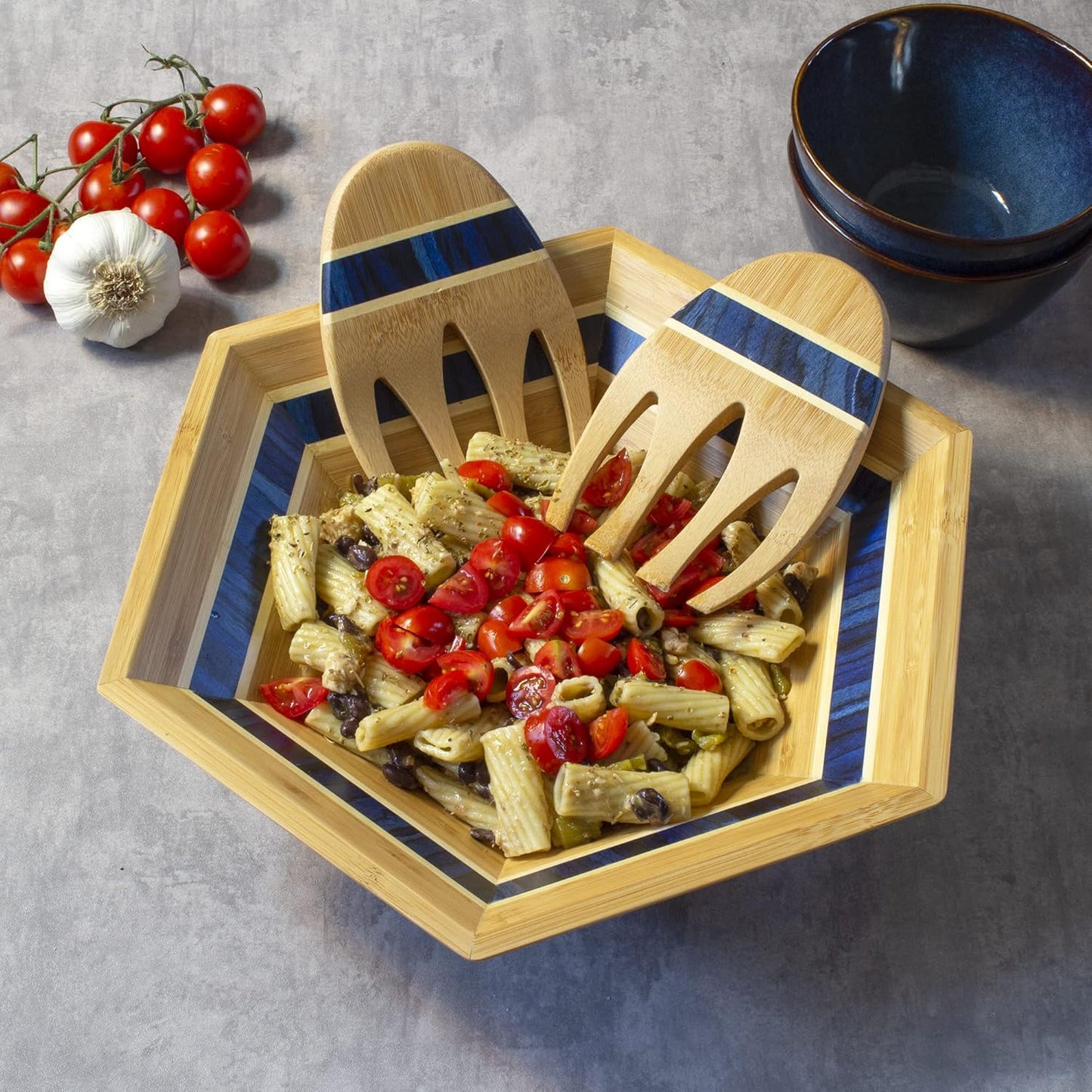 Totally Bamboo Baltique Malta Collection 14" Salad Serving Bowl with Salad Hands, Bamboo and Colored Birch Wood