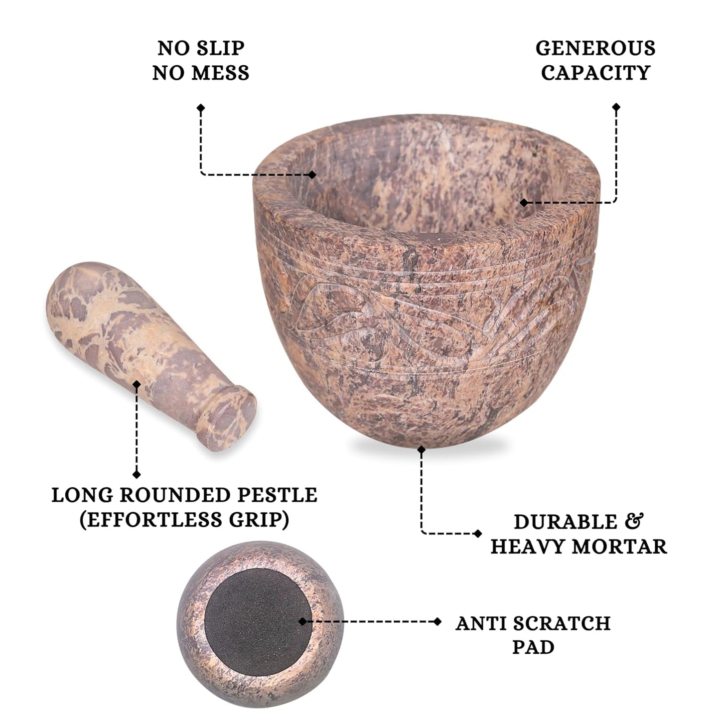 Mortar and Pestle, Made of Heavy Duty Polished Hard Stone, Natural Stone Grinder for Spices, Pastes, Herbs, Seasoning etc. (Natural)