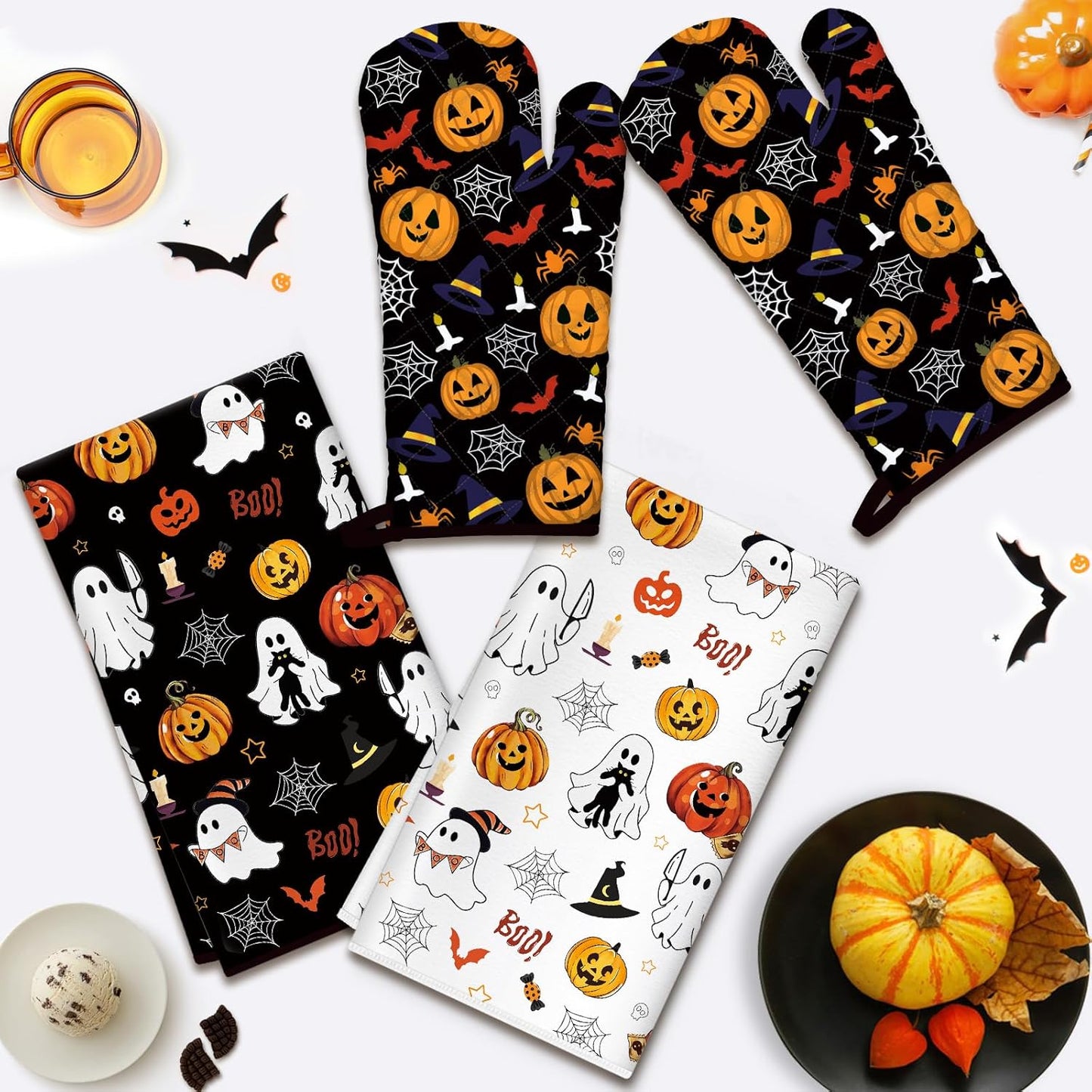 Halloween Pumpkin Kitchen Towels and Oven Mitts Set 4Pcs, Soft Absorbent Dish Cloth Heat Resistant Oven Gloves for Cooking Baking Kitchen Decoration, Gifts for Her