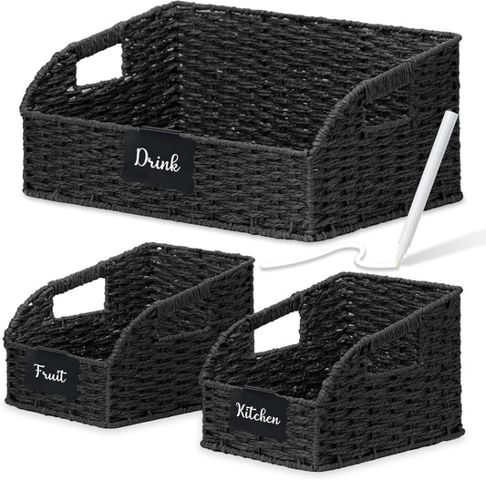 Wicker Baskets for Organizing,Pantry, Kitchen Counter with Handles, Handwoven Woven Storage Baskets for Fruit, Bread, Vegetable, Paper Storage Bins for Shelves, 3 Pack, Black