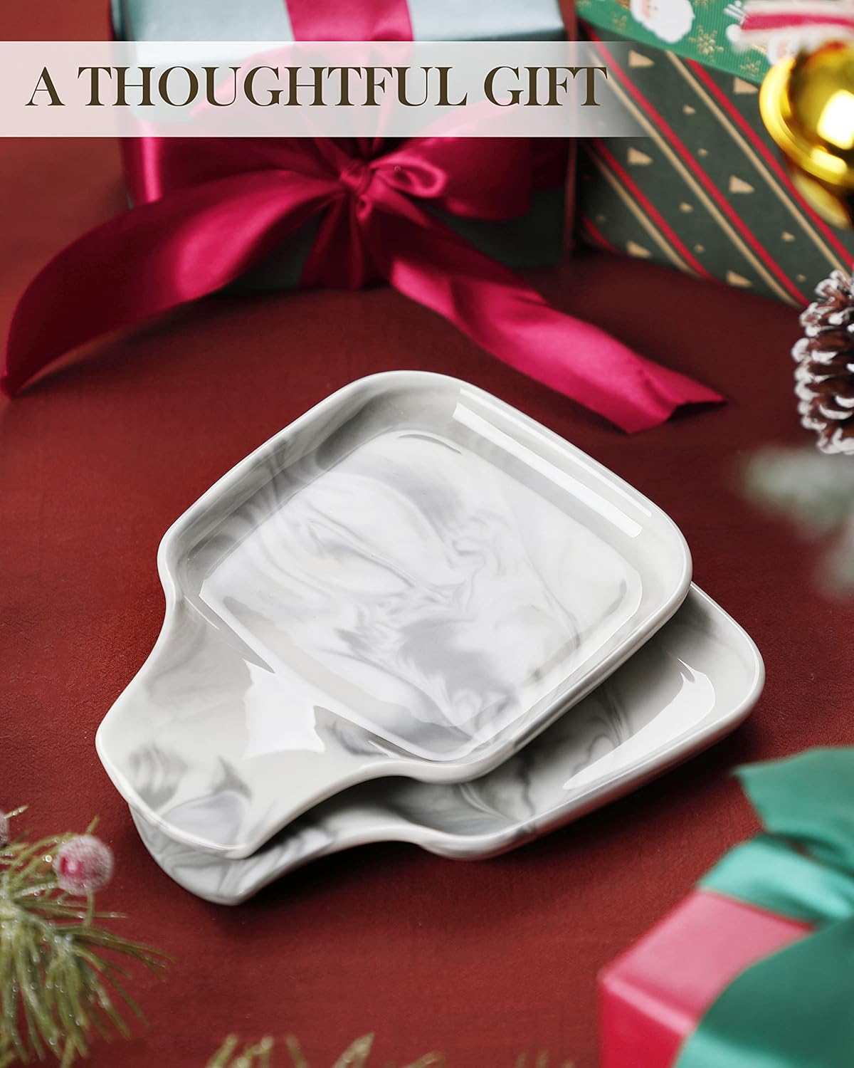 MALACASA Spoon Rest, Large Spoon Rests for Stove Top, Porcelain Spoon Holder for Kitchen Counter, Utensils Rests, Cooking Spoon Holders for Spatula Ladle Tongs, Marble Grey, Series REGULAR