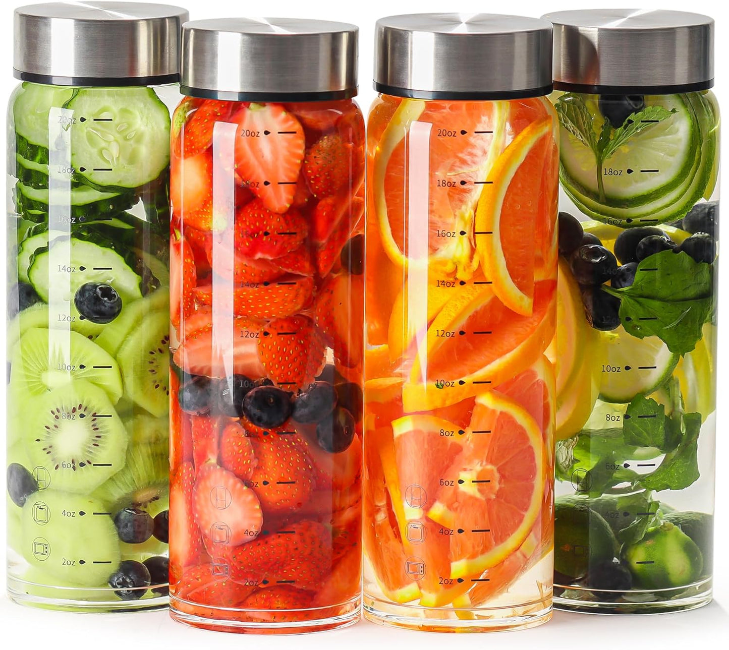 20oz Glass Juice Bottles – 4 Pack Reusable Wide Mouth Bottles with Stainless Steel Lids & Cleaning Brush, BPA-Free Water Bottles for Juicing, Smoothies, Milk, and Protein (600ml)