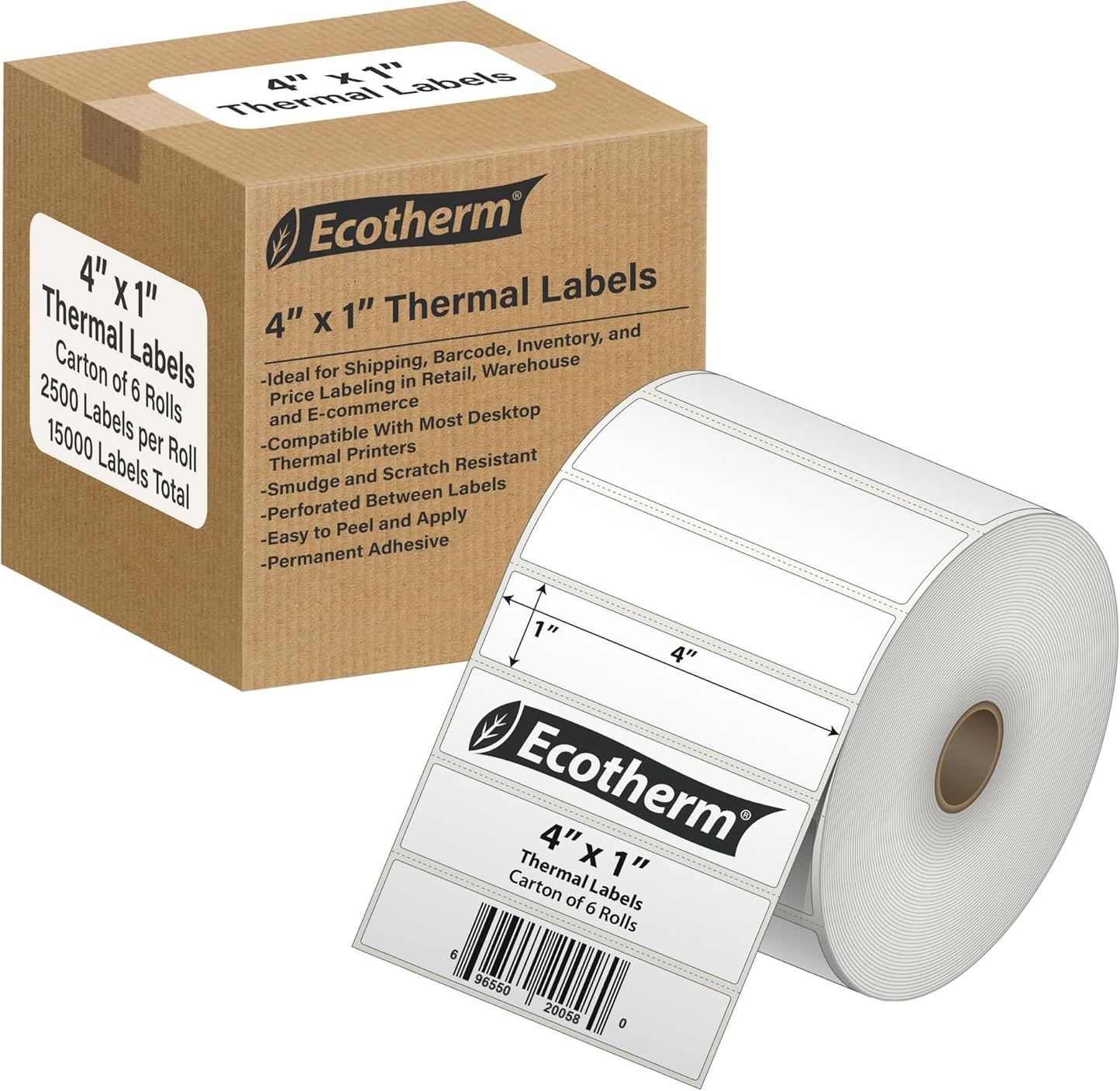 4" x 1" Thermal Labels | 6 Rolls | 15000 Labels | fits Zebra, Munbyn, Rollo, Godex, Arkscan, iDPRT, Offnova Thermal Label Printers and More | Blank White Adhesive Stickers by Ecotherm
