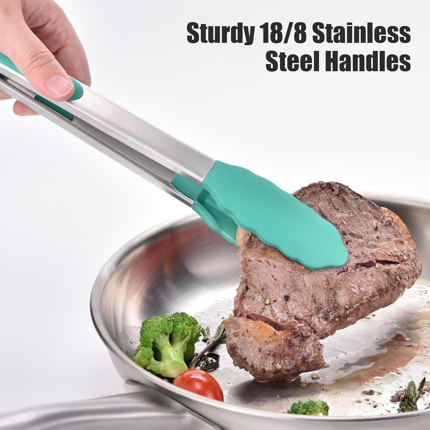 Doosu Kitchen Tongs for Cooking - 600°F Heat Resistant Food Tong Set with Non-Scratch Silicone Tips, Heavy Duty Stainless Steel Locking Tong for BBQ, Grilling Steak, Serving (7+9+12in, Aqua Sky)