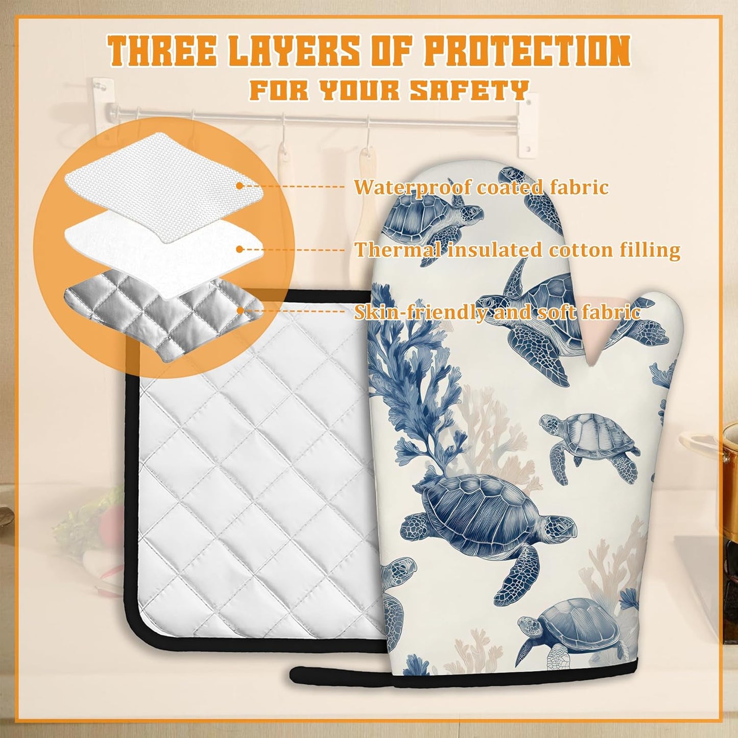 Turtle Coral Oven Mitts and Pot Holders Set,Kitchen Oven Gloves and Pot Holder with Heat Resistant Non Slip for Cooking Baking Grilling(4 Piece Set)