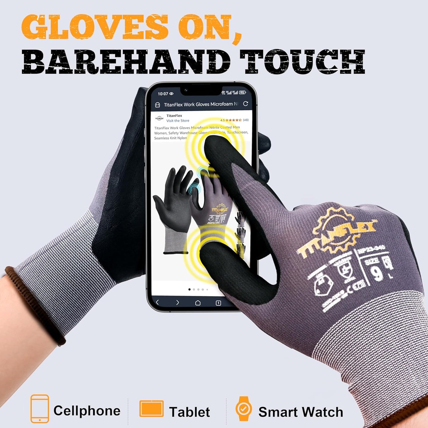 TitanFlex Work Gloves Microfoam Nitrile Coated Men Women, Safety Warehouse Gloves with Grip, Touchscreen, Seamless Knit Nylon