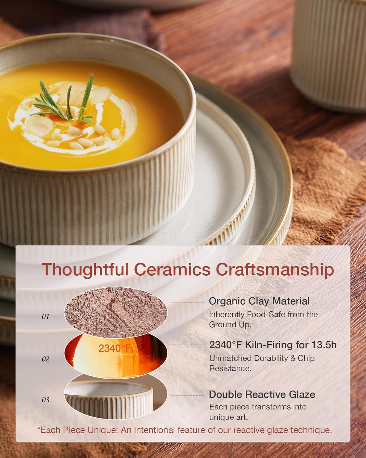 Famiware Star Dinnerware Set with Pasta Bowls, Service for 4 (16pcs), Ribbed Stoneware Plates and Bowls Dishes Sets - Chip & Scratch Resistant, Microwave & Dishwasher Safe, Cappuccino White