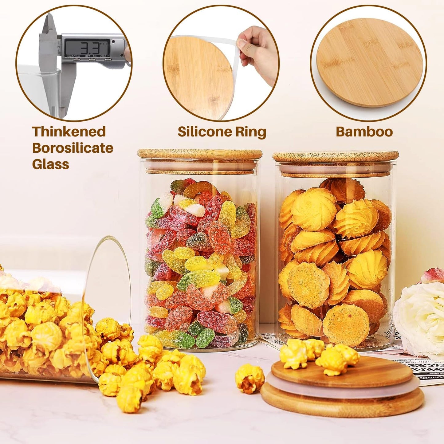 33 oz Glass Food Storage Jars with Airtight Lids, Clear Glass Jar with Bamboo Lid, Airtight Food Canister for Tea, Candy, Coffee, Sugar, Cookie, Snack. (Round | 5+6 Inch)