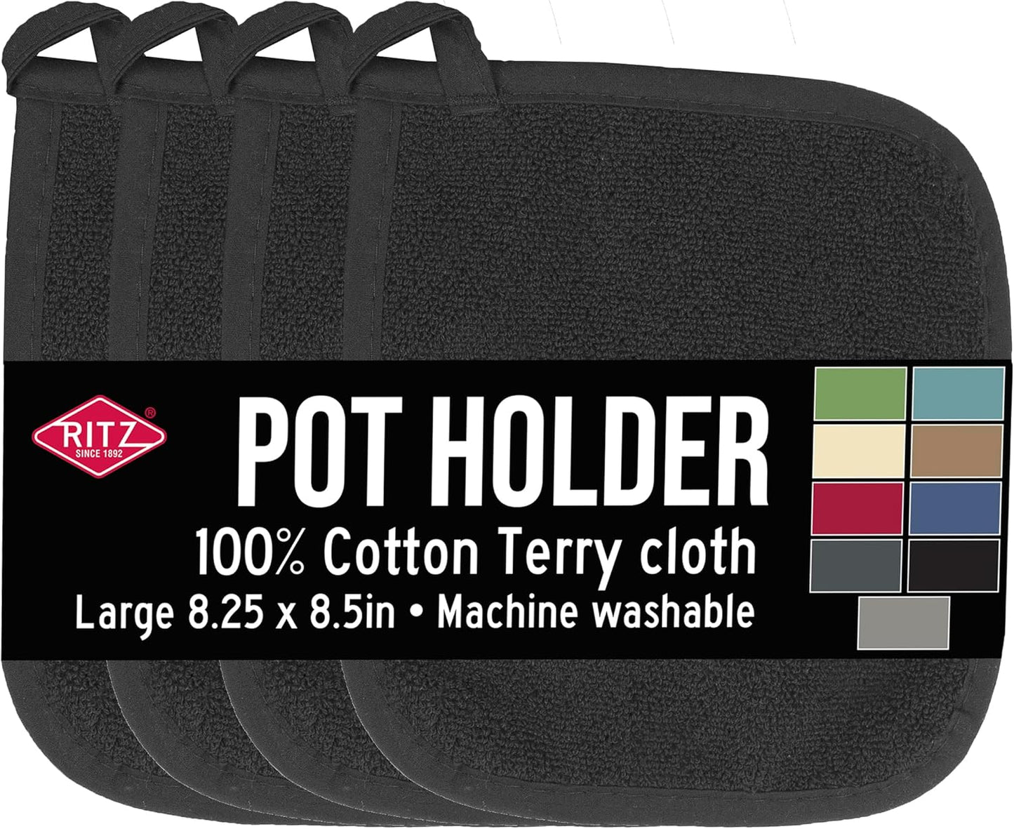 RITZ Terry Potholder & Hot Pad: Unparalleled Heat Resistant, Durable 100% Cotton – Ergonomically Designed for Optimal Grip – Easy-Care Machine Washable – 4-Pack, Black