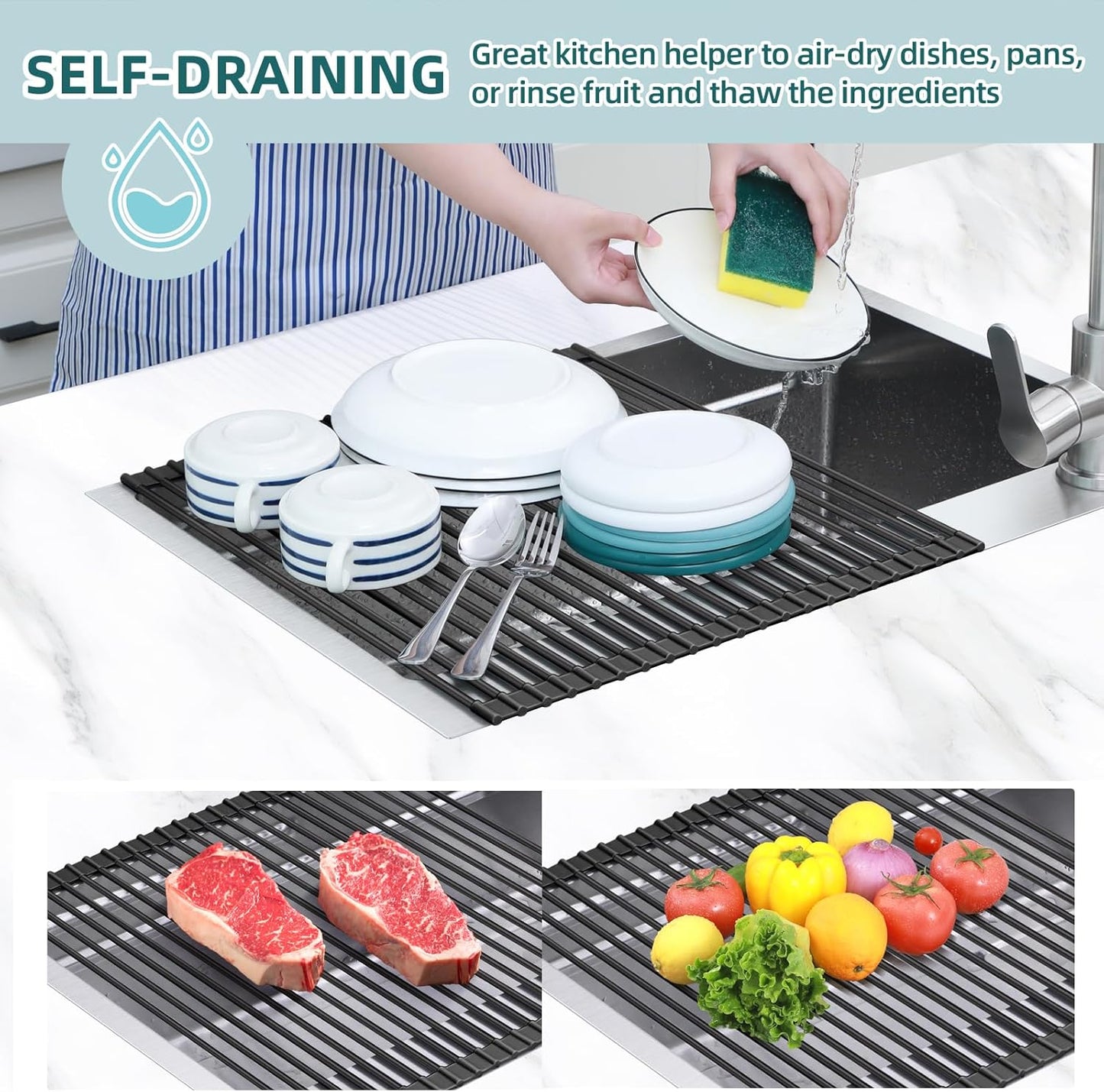Ohuhu Over The Sink Dish Drainer Drying Rack, 17.6" W x 15.4" L Roll Up Dish Racks Kitchen Sink Organizer Silicone Wrapped Large in Sink Dish Drying Rack Foldable Rolling Drain Mats Anti-Slip
