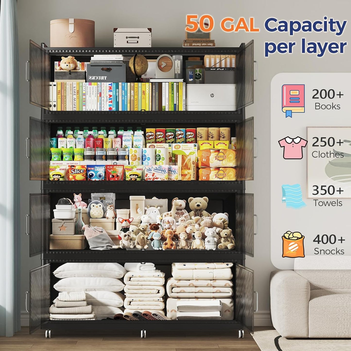 150GAL Extra Large Storage Bins with Lid, 600QT Plastic Stackable Storage Bins with 6x Wheels, Collapsible Closet Organizer and Storage Drawer Cabinet for Living Room Office Dorm, 3Pack Black