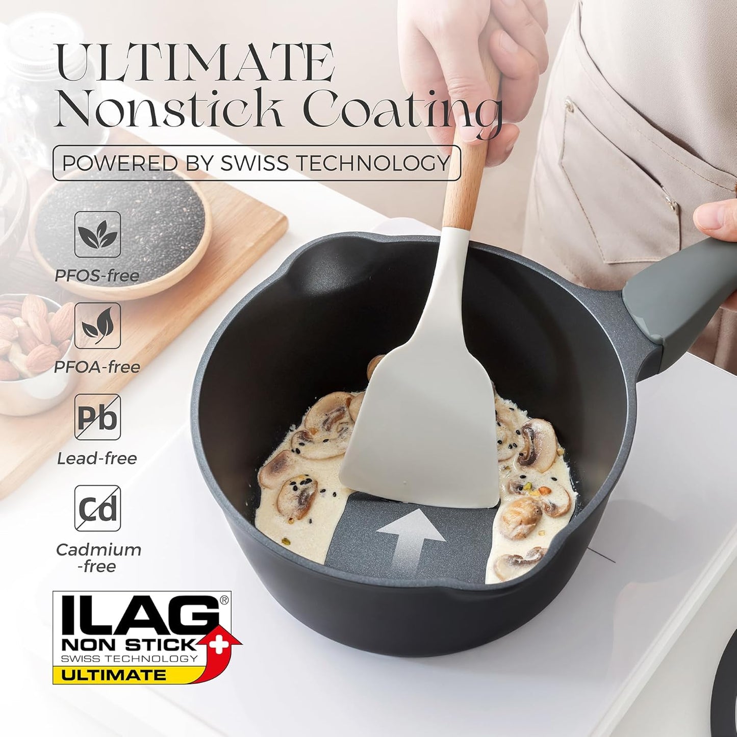 PRICUSIS Nonstick Saucepan with Lid, 2 Quart Non Toxic Pot with Pour Spouts, Full Coated, 100% Dishwasher Safe, Induction Compatible & Oven Safe, PTFE & PFOA Free, Black Sesame