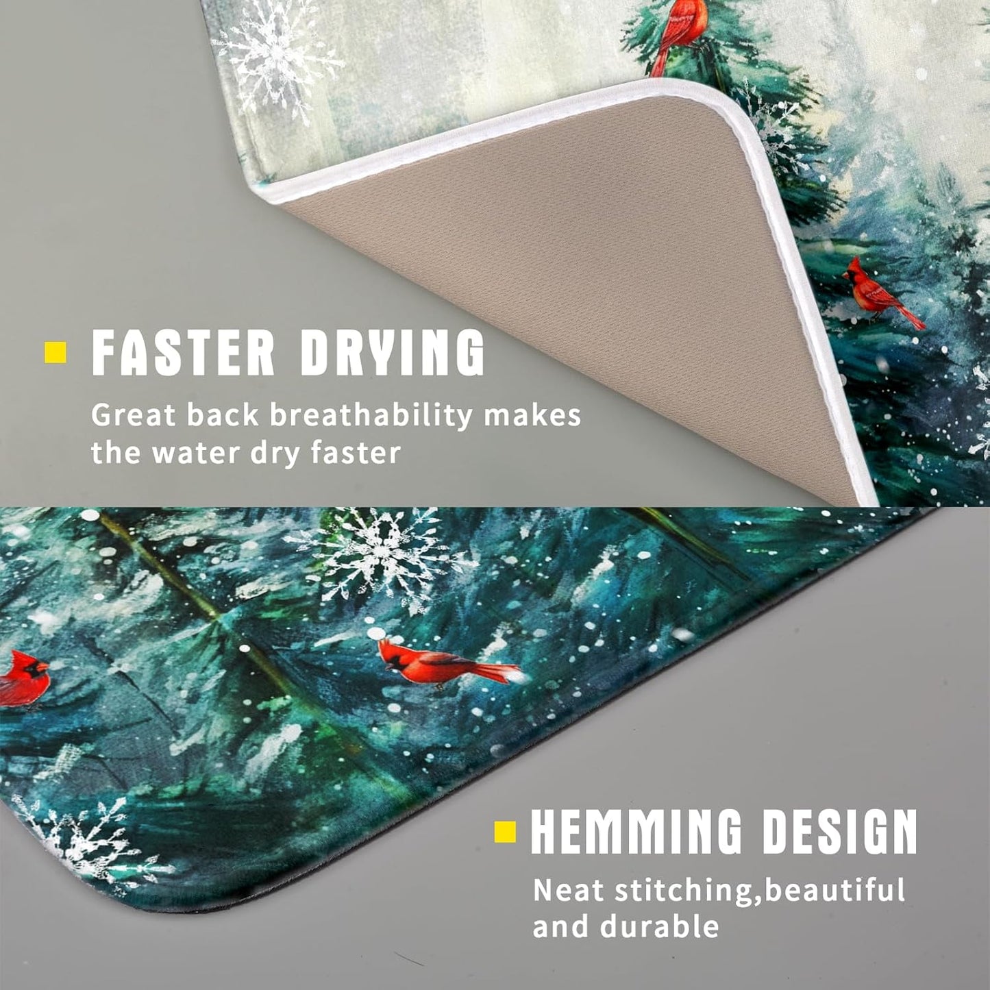 Pine Tree Dish Drying Mat for Kitchen Countertop Red Bird Dishes Mats Winter Decorative Absorbent Reversible Drainer Rack Pad 16x18 Inch