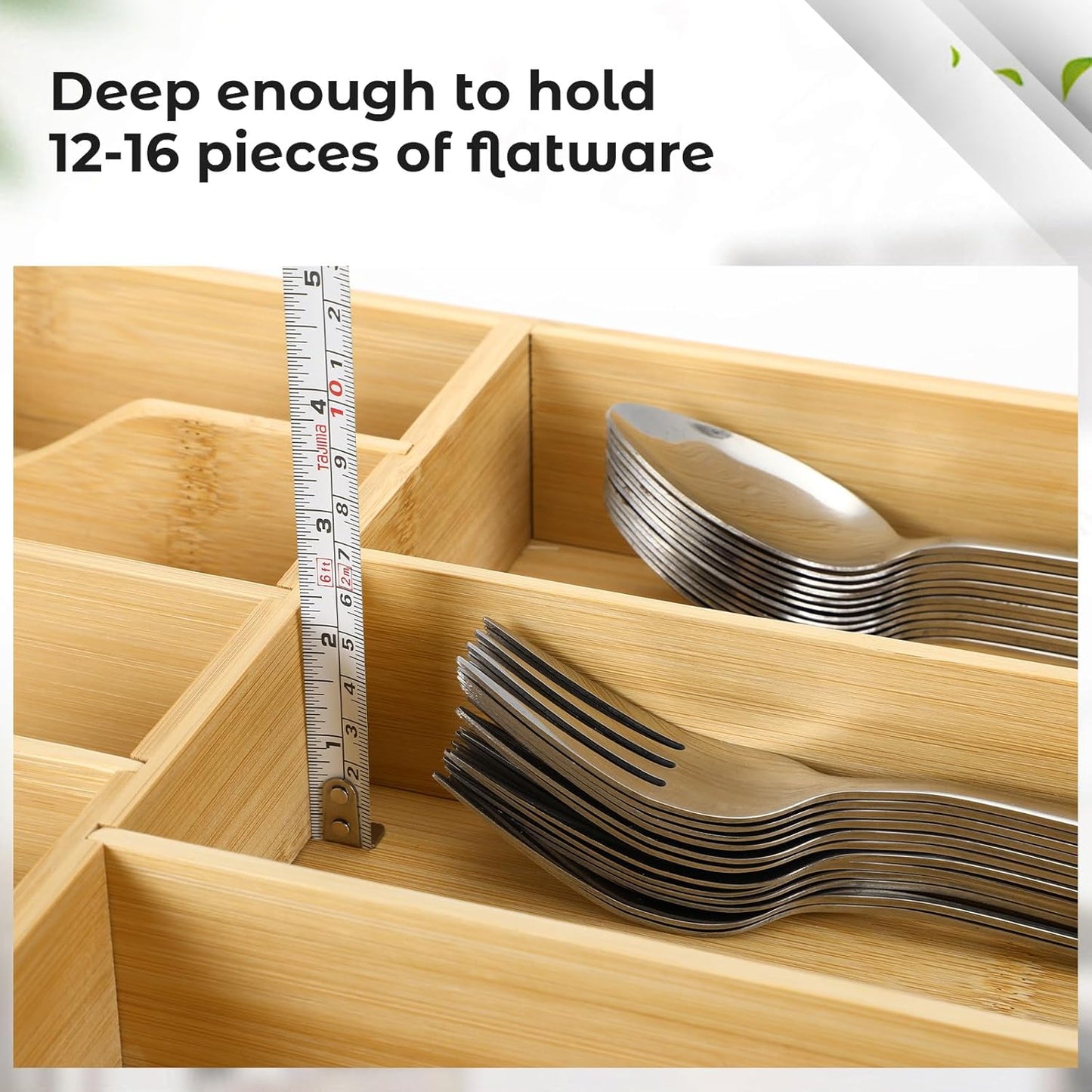 Fabsome Silverware Organizer for Kitchen Drawers, 2.5'' Deep 12.8'' Wide Bamboo Wood Flatware Tray with Deep Slots for Large Cutlery Utensil Drawer