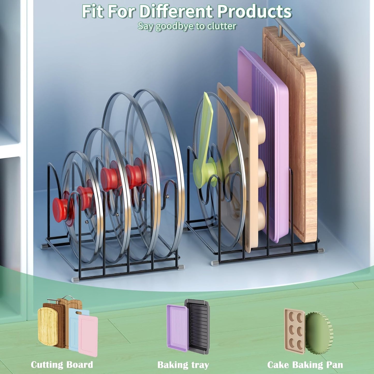 Pot Lid Organizer Rack,1.6in Wide Cutting Board Organizer for Pan Lids,Baking Sheets,Cookie Sheets, with 4 Slots,Cutting Board Holder Rack (2PC-Large)