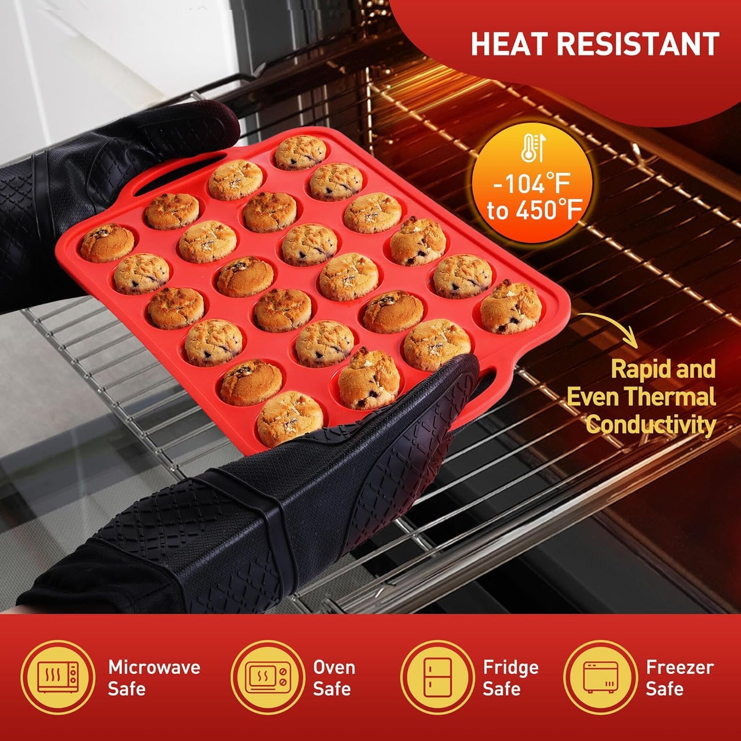 24 Cups Silicone Muffin Pan with Metal Reinforced Frame Mini Size Cupcake Pan Tray Egg Bites Silicone Circle Cookie Molds Muffin Tin Tart Pans Baking Sheet Set for Breakfast Sandwiches Round