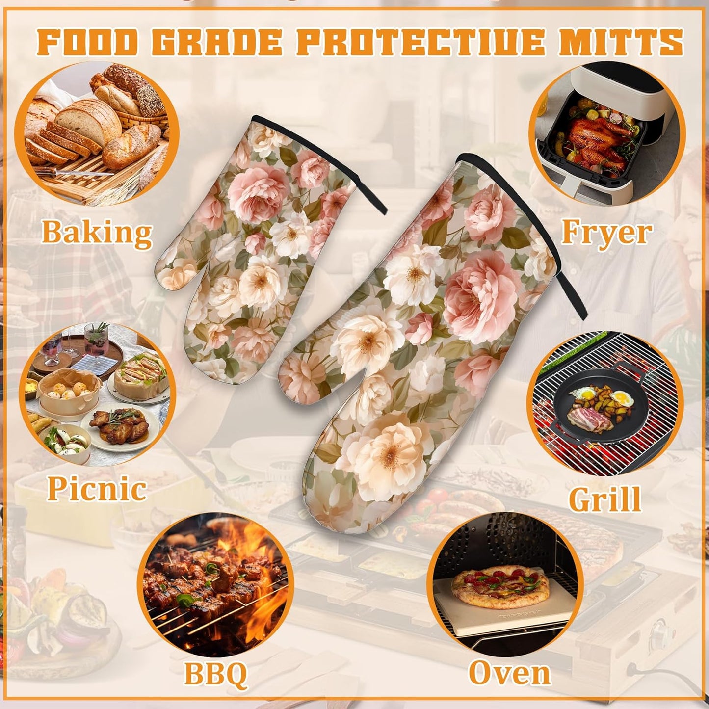 Pink Roses Oven Mitts and Pot Holders Set,Peony Flower Kitchen Oven Gloves and Pot Holder with Heat Resistant Non Slip for Cooking Baking Grilling(4 Piece Set)