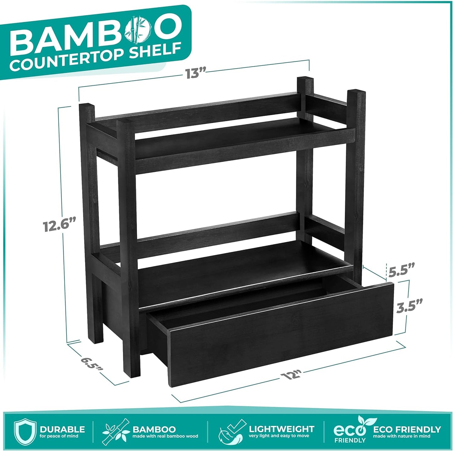 Sorbus Bamboo Bathroom Counter Organizer – 2-Tier Shelf with Hidden Drawer for Vanity, Matcha Station, Bathroom Sink Organizer Countertop, Kitchen & Office Storage (13″ L x 6.5″ W x 12.6″ H) (Black)