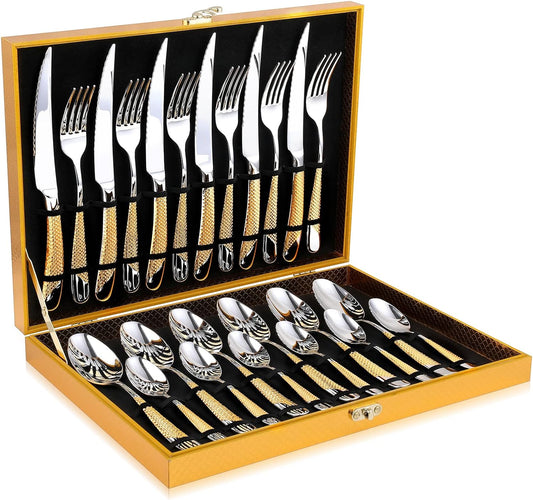 Hammered Silver Gold Silverware Set, OGORI 24-Piece 18/10 Stainless Steel Flatware Set, Service of 6