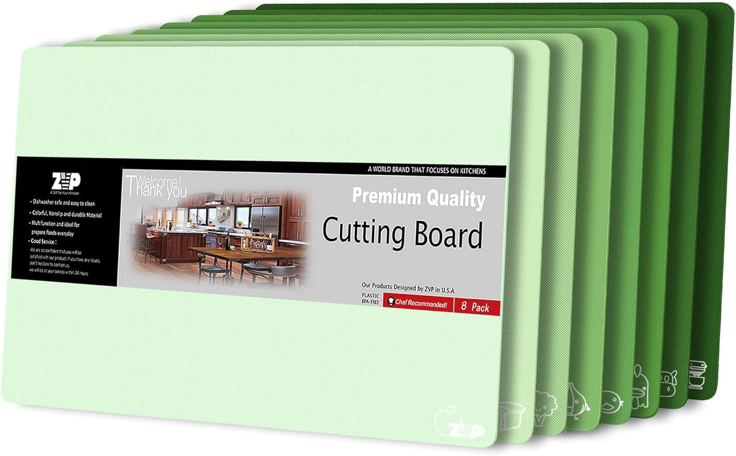 ZVP Plastic Cutting Boards for Kitchen, Flexible Cutting Mats, Gradient Green Chopping Boards with Food Icon, Non-Slip, Non Porous, BPA Free, Dishwasher Safe