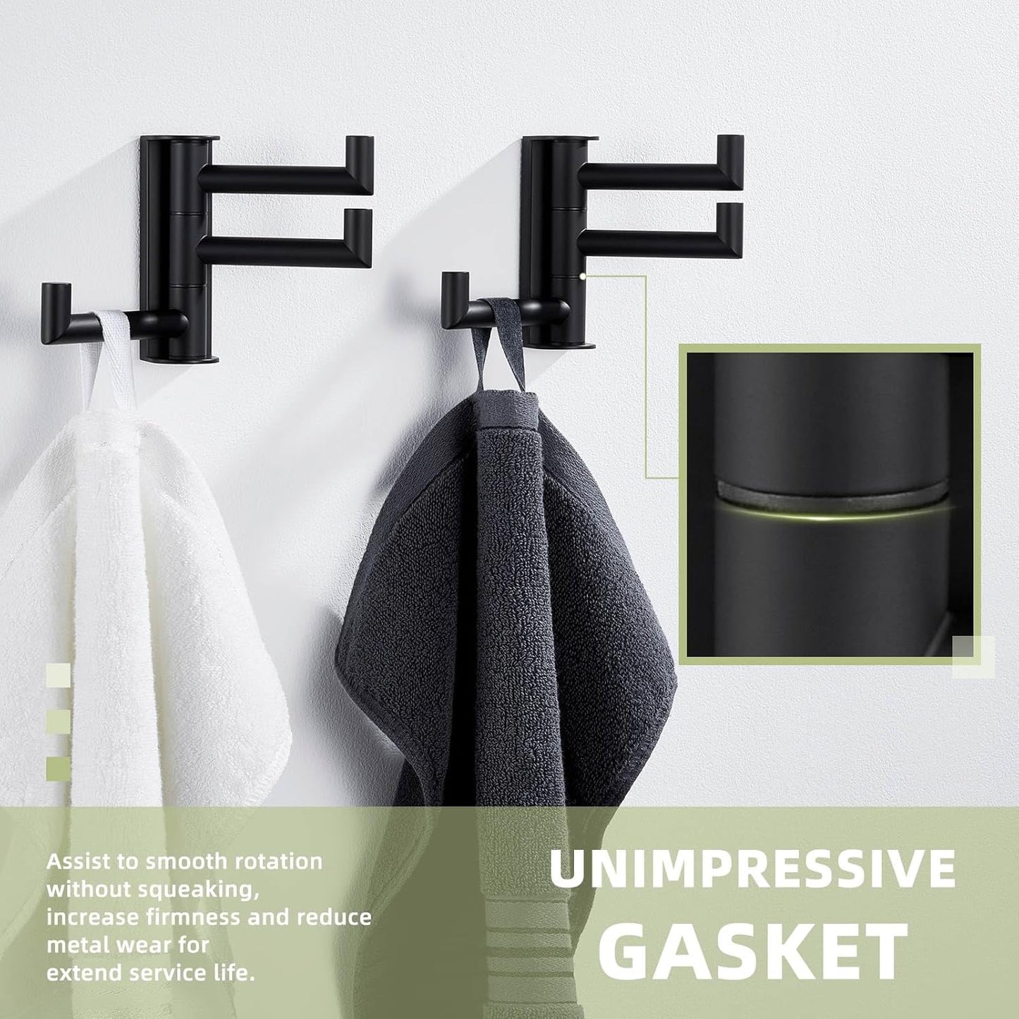 Suyar Towel Hook for Bathroom, SUS 304 Stainless Steel Swivel Coat Robe Holder with 3 Foldable Arms, Wall Hook Matte Black, 2 Pack