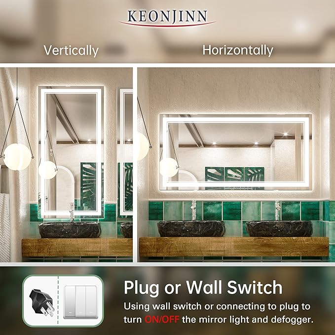Keonjinn 48 x 24 Inch LED Bathroom Mirror 6000K (Horizontal/Vertical)