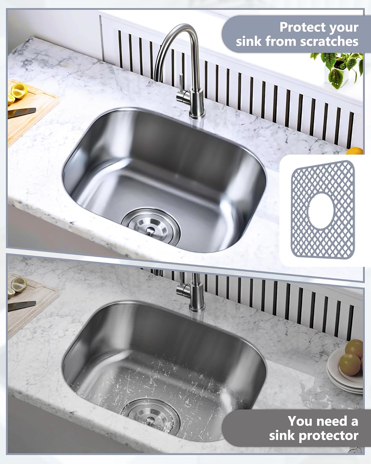 2 Pack Silicone Sink Protector for Kitchen Sink, Lozenge Pattern 13 x 11 inches Sink Grid Mat Silicone Protectors, Center Drain, Gray