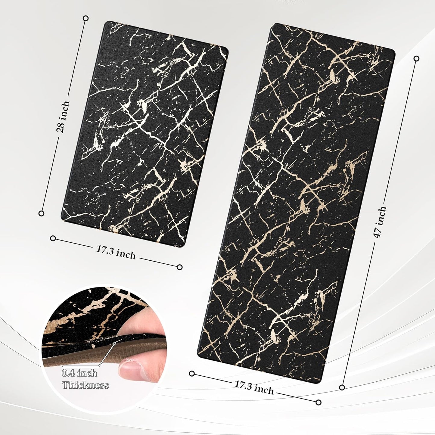 Gold Foil Stamped Marble Kitchen Mats for Floor 2PCS Cushioned Anti Fatigue Non Slip Waterproof Comfort Leather Kitchen Rugs 2/5 Inch PVC Kitchen Mats for Sink, Laundry, 17.3"x28"+17.3"x47", Black