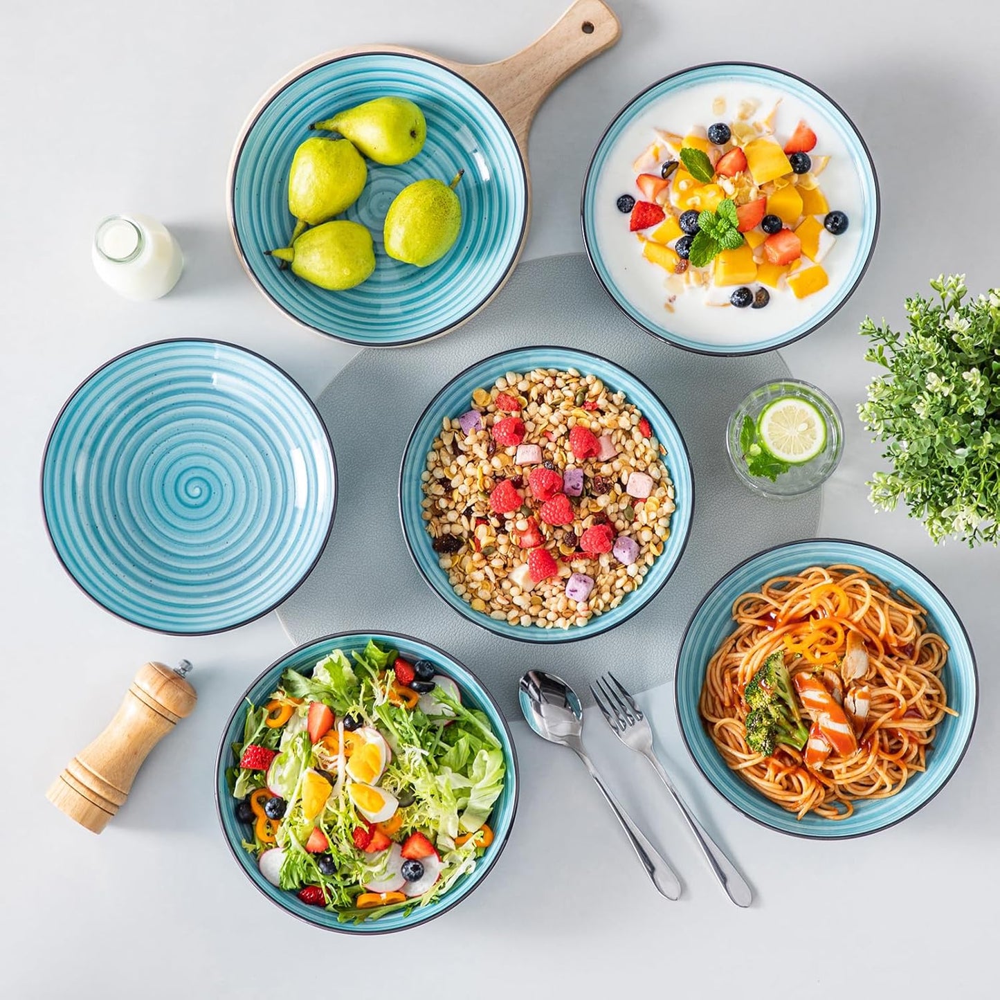 vancasso Bonbon Pasta Bowls Set of 6, 38 Oz Ceramic Salad Bowls, Wide and Shallow Bowls Set, Large Serving Bowls for Kitchen, Blue