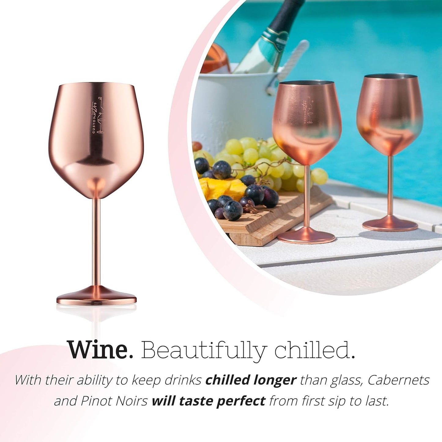 Gusto Nostro Stainless Steel Wine Glass - 18 oz - Unbreakable Rose Gold Wine Glasses for Travel, Camping and Pool - Fancy, Unique and Cool Portable Metal Wine Glass for Outdoor, Picnics (Set of 4)