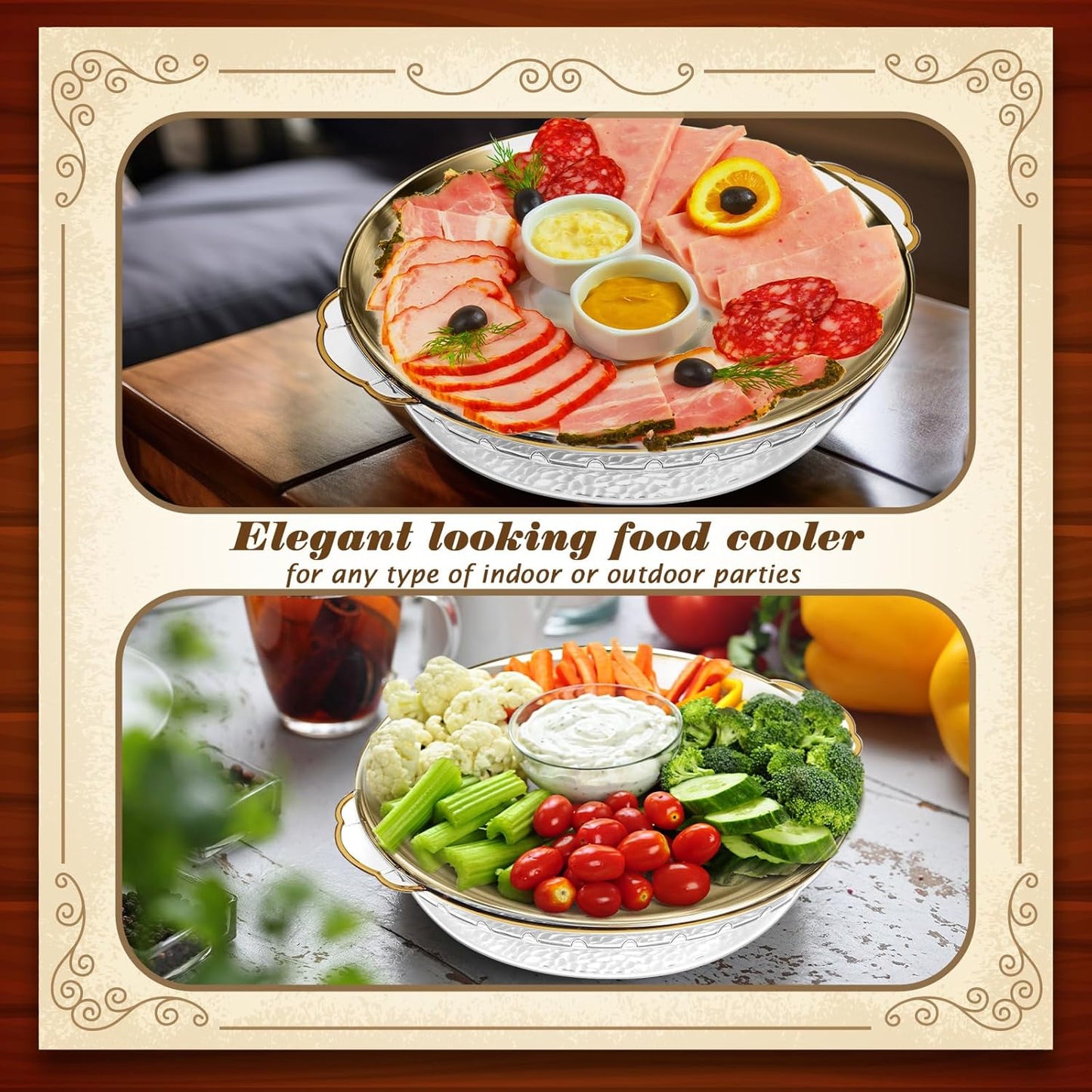 Baderke 3 Set 11.8" Chilled Serving Tray for Parties with Compartments Ice Chilled Party Platter Charcuterie Serving Board Cold Dish Dip for Fruit Seafood Vegetable Shrimp Cocktail (Gold)