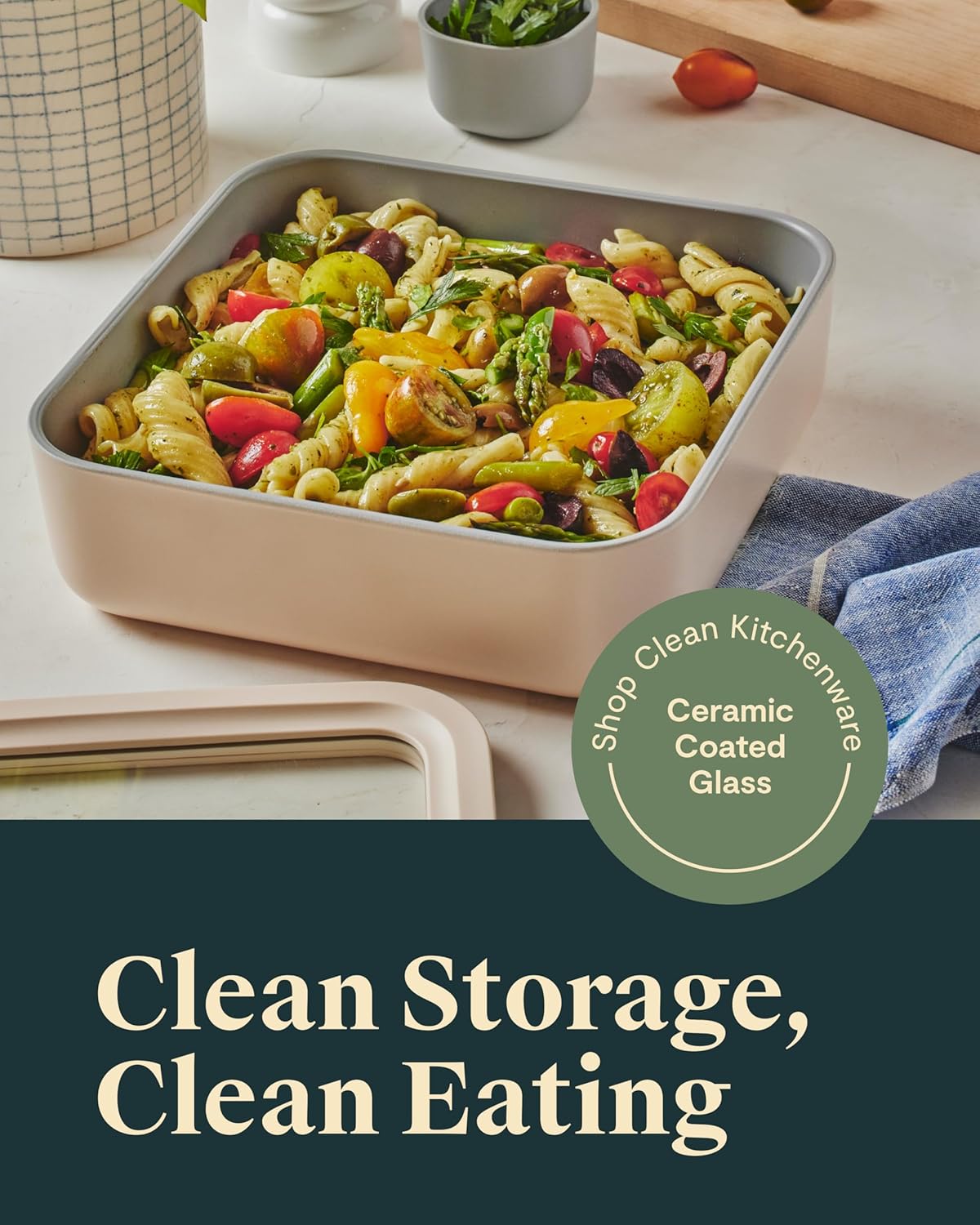 Caraway Glass Food Storage, 10 Cup Glass Container,Ceramic Coated Food Container,Easy to Store, Non Toxic, Non Stick Lunch Box Container with Glass Lids. Dishwasher, Oven,Square Shape,Cream