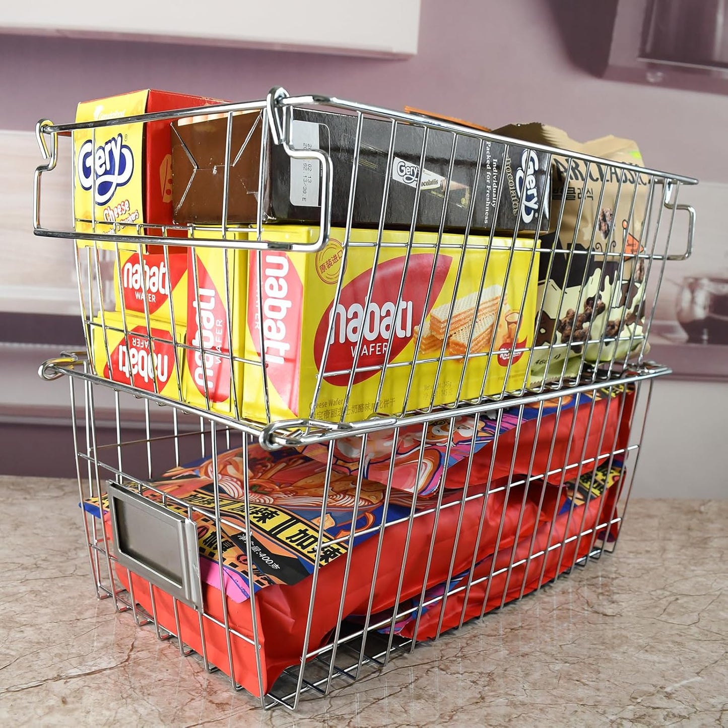 Orgneas Stackable Chest Freezer Baskets Organizer Bins, Metal Wire Baskets Pantry Organizer Produce Baskets with Tag Slot for Snacks Vegetables and Fruits