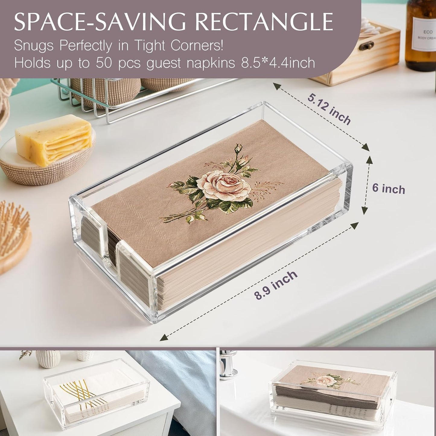 Acrylic Napkin Holder for Bathroom with Non Slip Pads Clear Paper Towel Holders for Kitchen with Rounded Corners Disposable Guest Hand Towel Tray Horizontal Trays 9.1x4.9x2.1