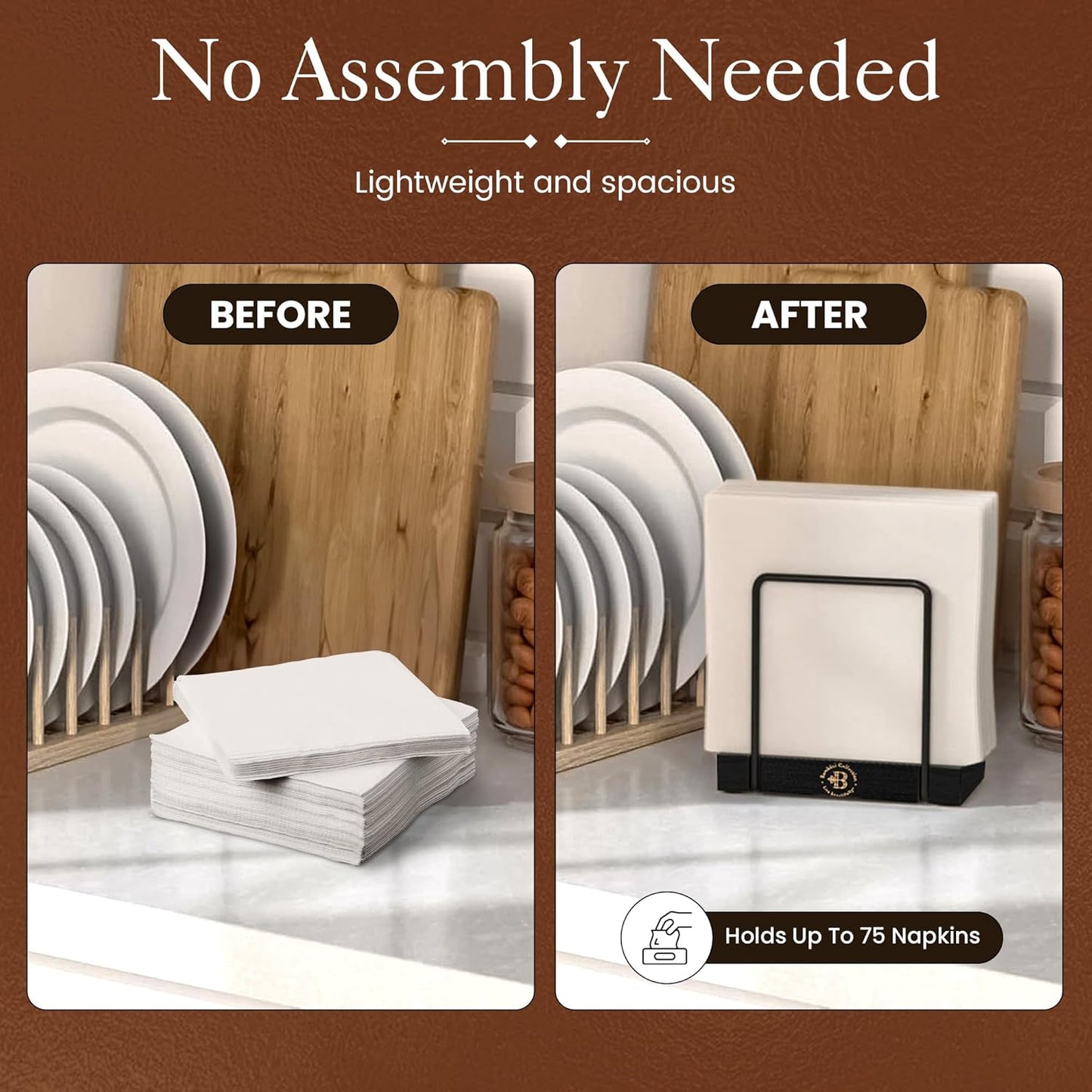 Black Napkin Holder for Table - Modern Napkin Dispenser, Bamboo and Iron Design, Non-Slip, Suitable for Kitchen, Dining, Farmhouse, Cocktail, Picnic, Bar, Outdoor Use - Holds Paper Napkins, Mail, Bill