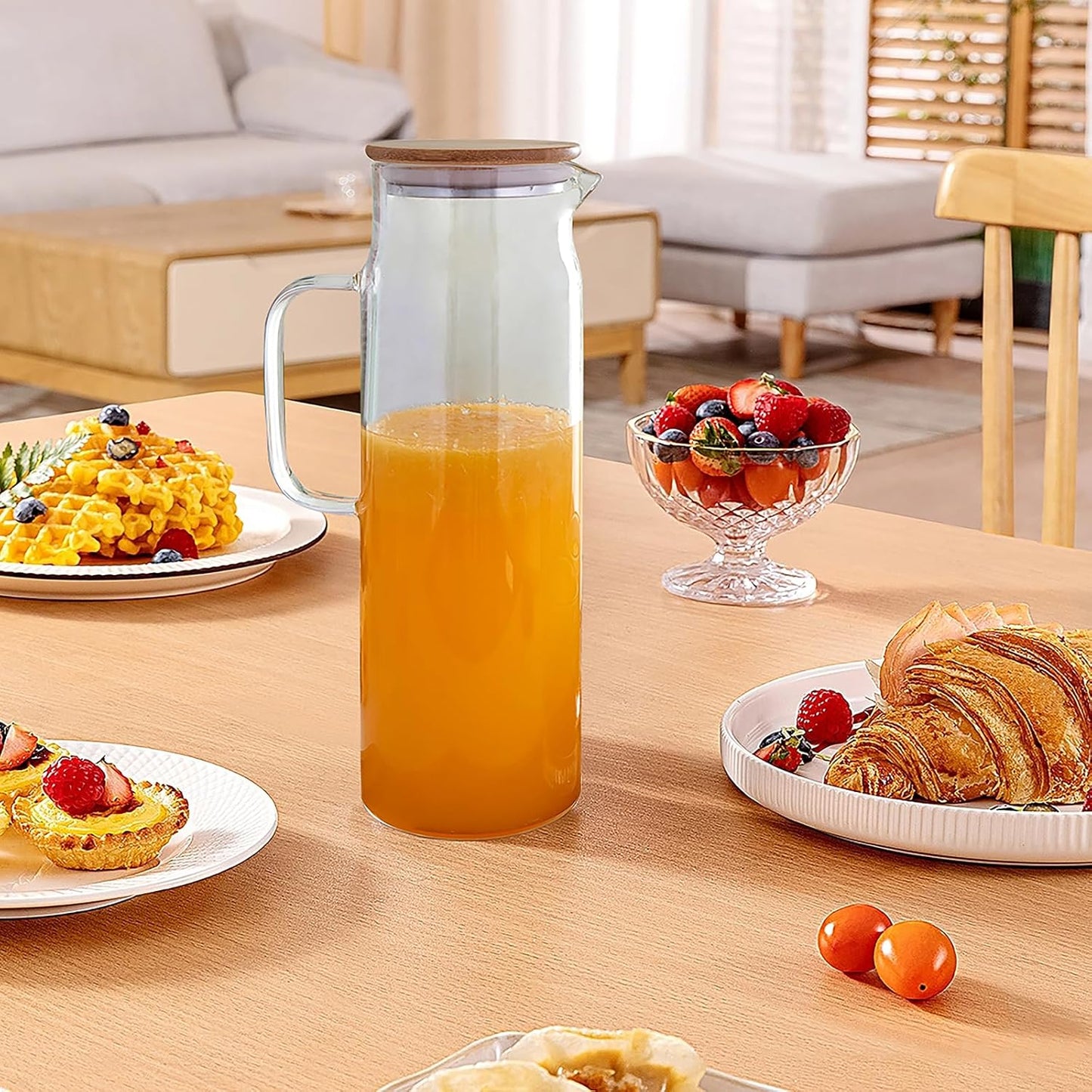 50oz Glass Pitcher with Lid, Glass Water Carafe with Handle, Fridge Water Jug Cold or Hot Beverages, Iced Tea, Milk, Juice (Set of 2)