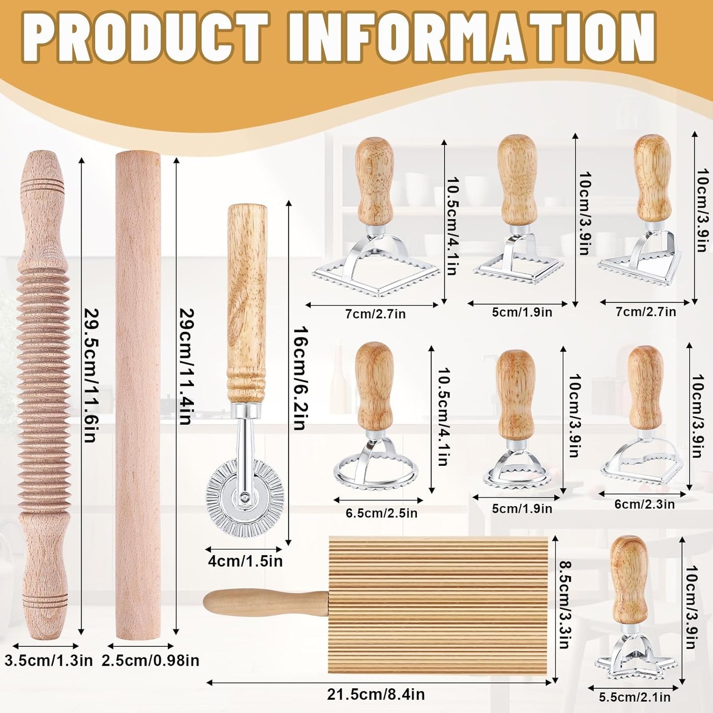 Pasta Making Tool Set of 11, Ravioli Maker Cutter Stamp Set, 1 Pasta Cutter Wheel with 1 Dough Roller, 1 Wood Gnocchi Board with 1 Ravioli Rolling Pin, Pasta Maker Tools for Lasagna, Pierogi