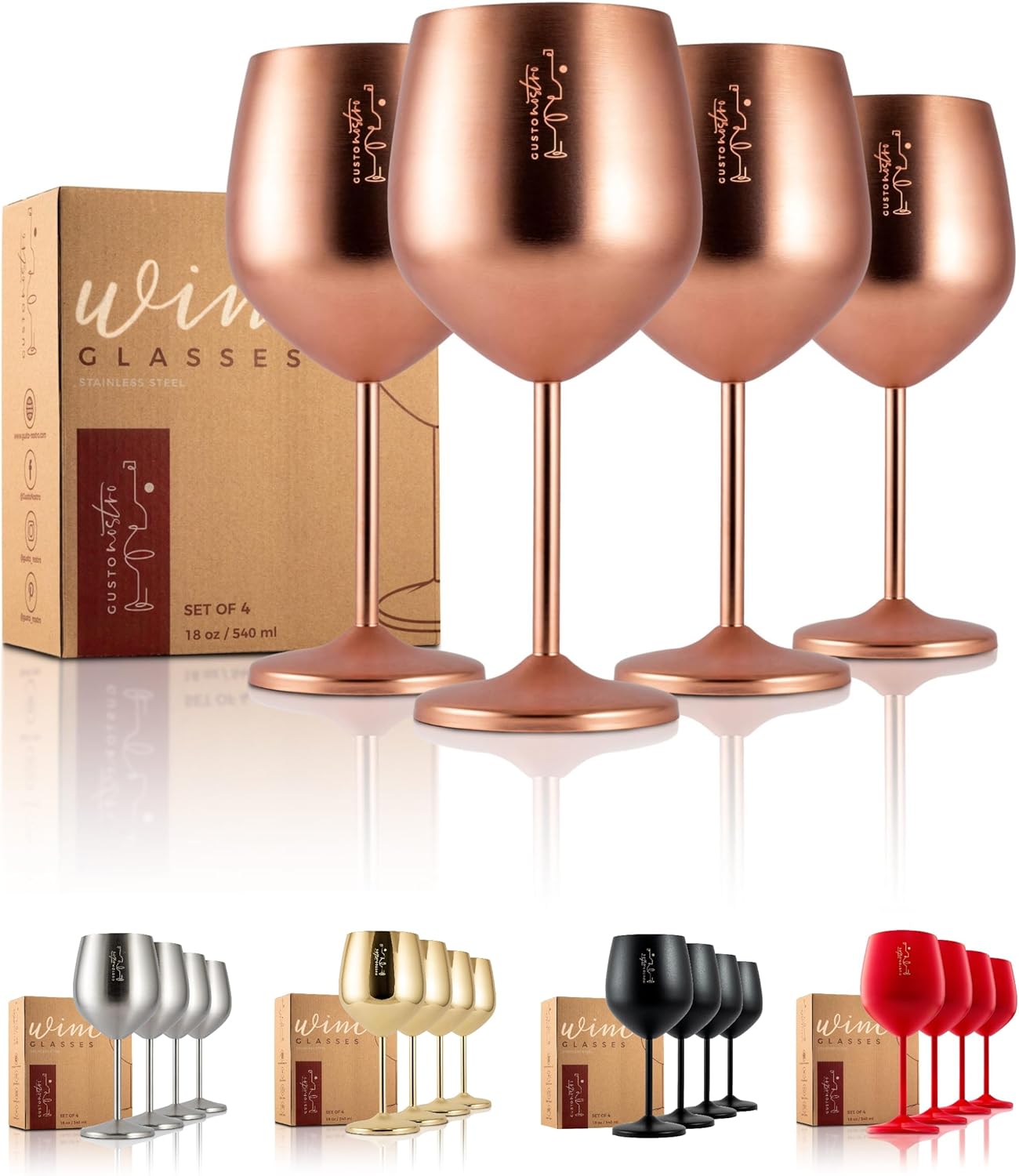 Gusto Nostro Stainless Steel Wine Glass - 18 oz - Unbreakable Rose Gold Wine Glasses for Travel, Camping and Pool - Fancy, Unique and Cool Portable Metal Wine Glass for Outdoor, Picnics (Set of 4)