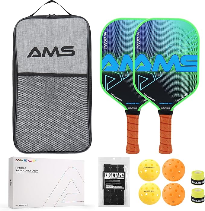 AMA SPORT Pickleball Paddles Set of 2 USAPA 1Portable Carry 2 Pickleball 3 Edge 4 Pickleballs, 2 Grip