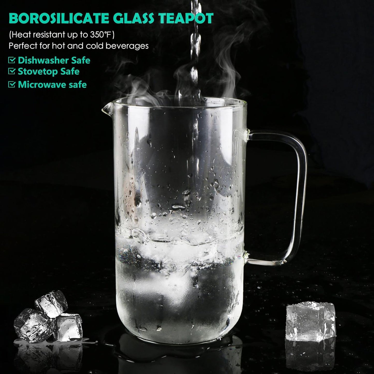 Aquach 51oz Glass Teapot with Stainless Steel Removable Infuser, Stovetop & Dishwasher Safe, Ideal for Loose & Blooming Tea Brewing