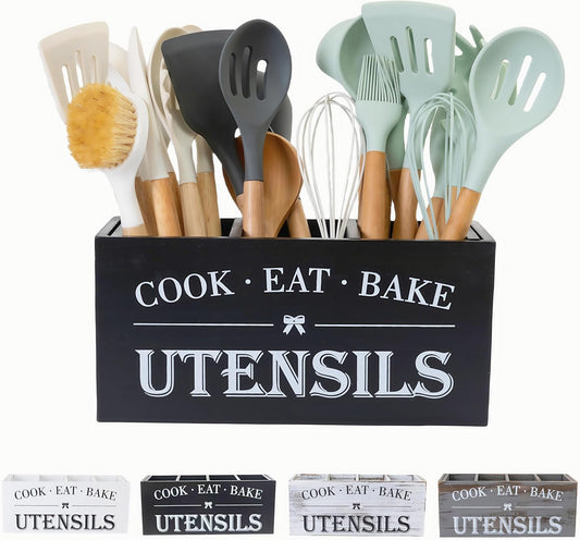 Utensil Holder,Large Wooden Utensil Holder For Kitchen Counter,Cooking Spatula Organizer,Big Storage Caddy With 3 Compartments Flatware Spoon Tool Cutlery（Black）